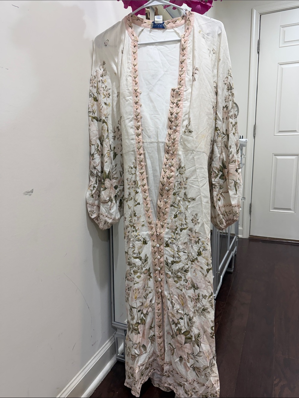 Calypso St. Barth Cream Floral Open-Front Duster with Pink Trim